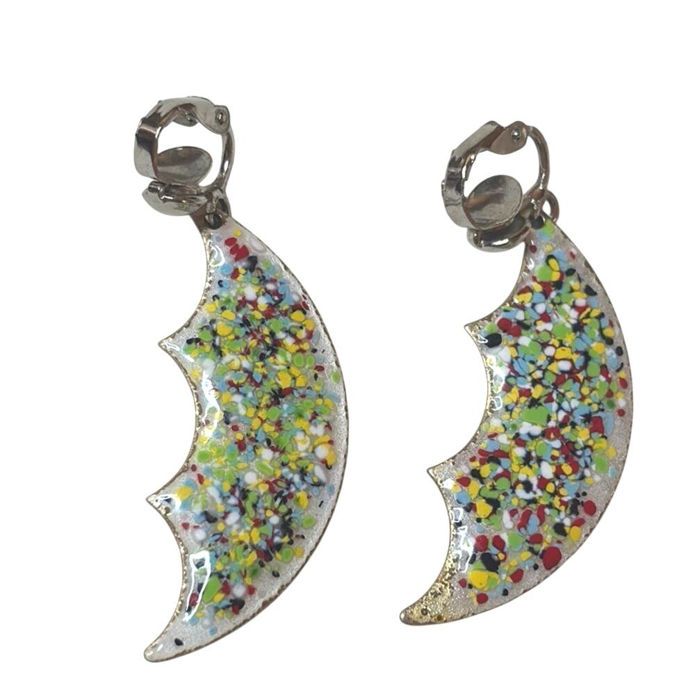 Vintage Confetti Enamel Crescent Clip On Earrings Abstract Colorful Statement